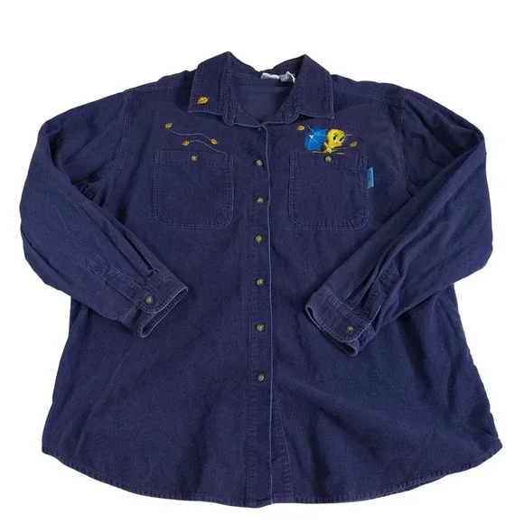 Vintage Style Tweety Bird Corduroy Shirt XL Purple Looney Tunes Button Up - Picture 1 of 11